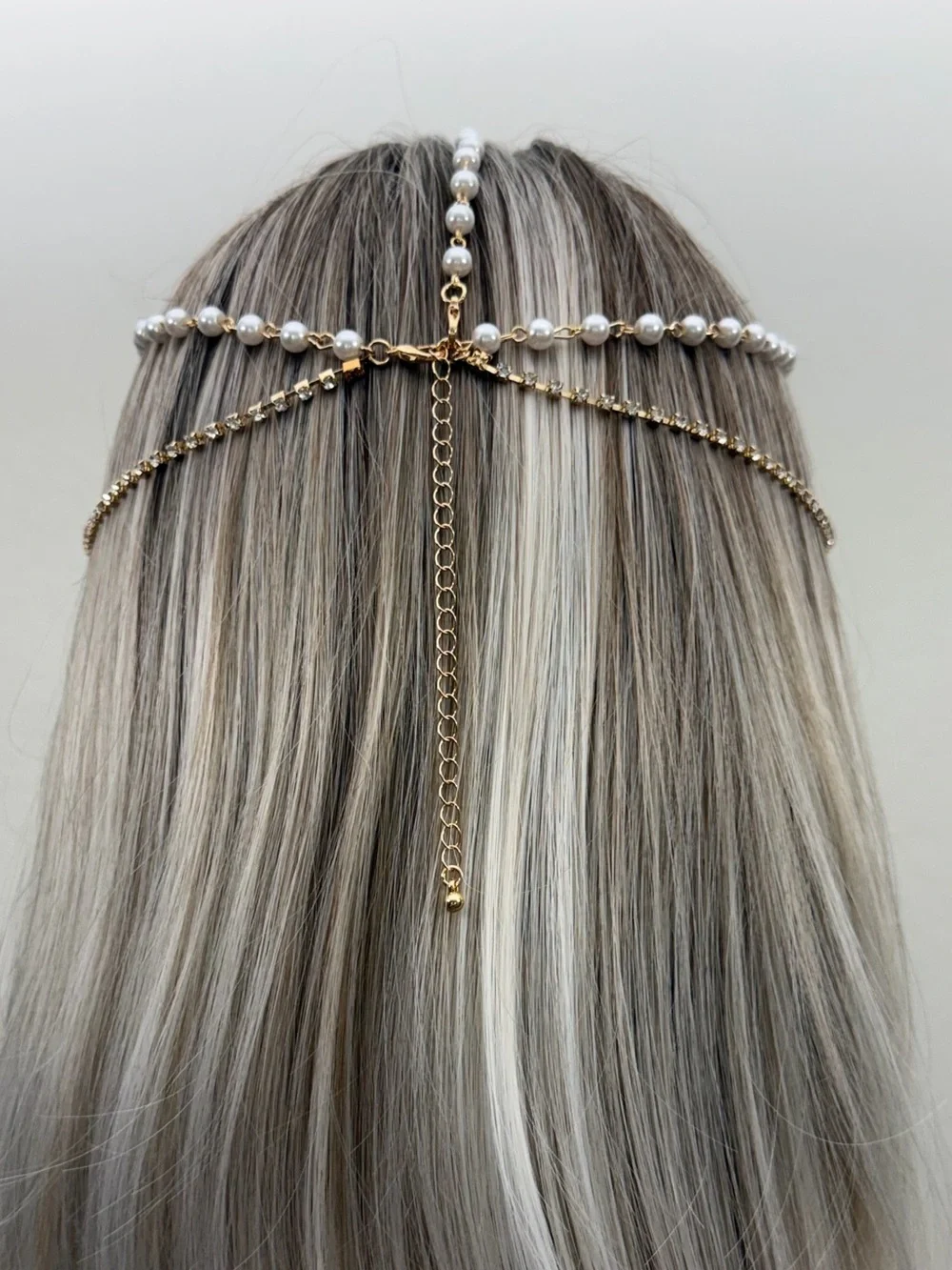 Pearl & Rhinestone Gold Head Chain Bridal Headpiece Boho Goddess Hair Jewelry